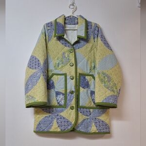 Patchwork Quilted Coat with Green Trim